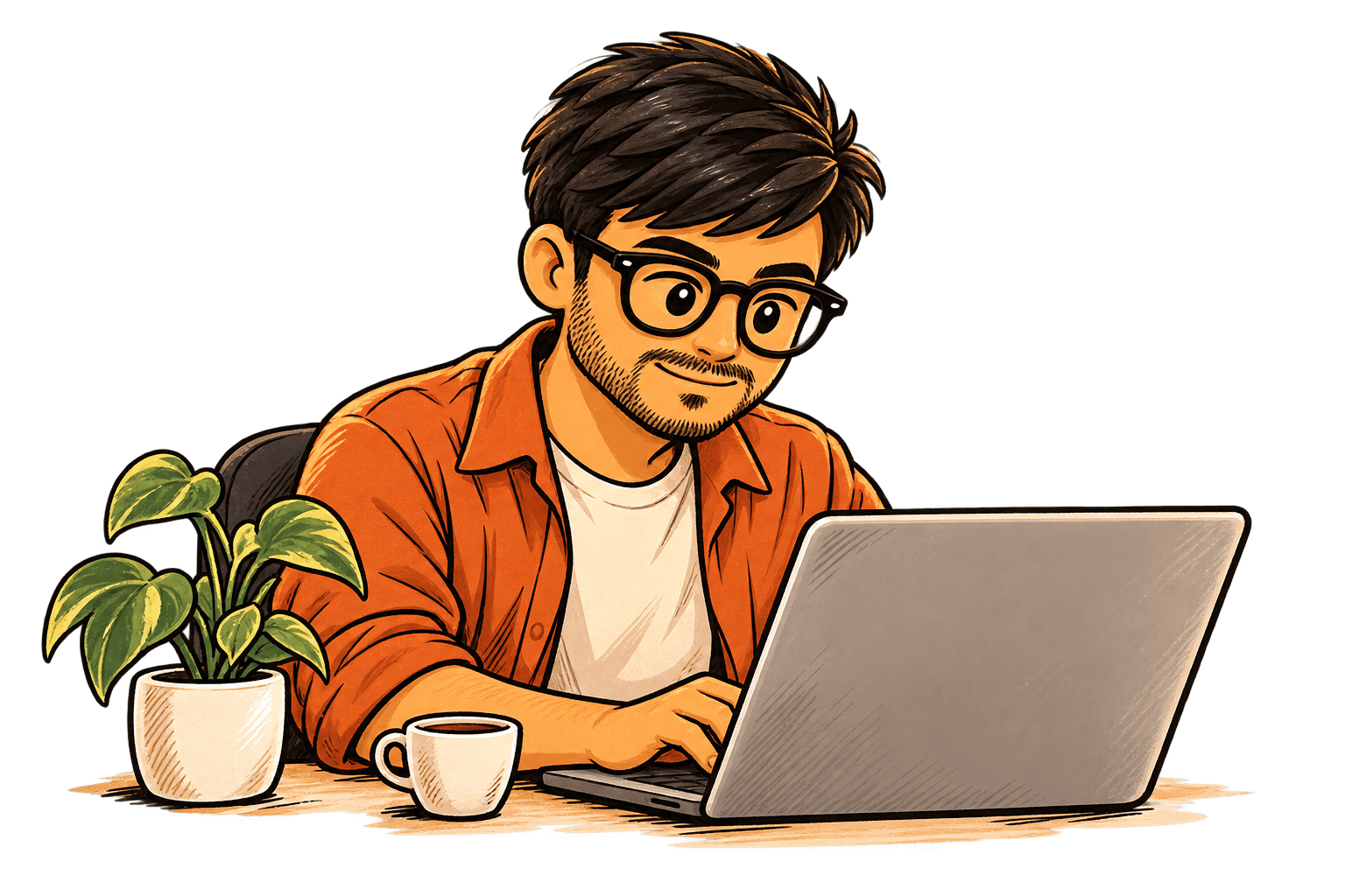 Ilustración de Marco trabajando en su laptop junto a una planta y una taza de café